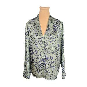 Babaton Aritzia Green & Navy Blue Paint Splotch Long Sleeve Blouse Sz M